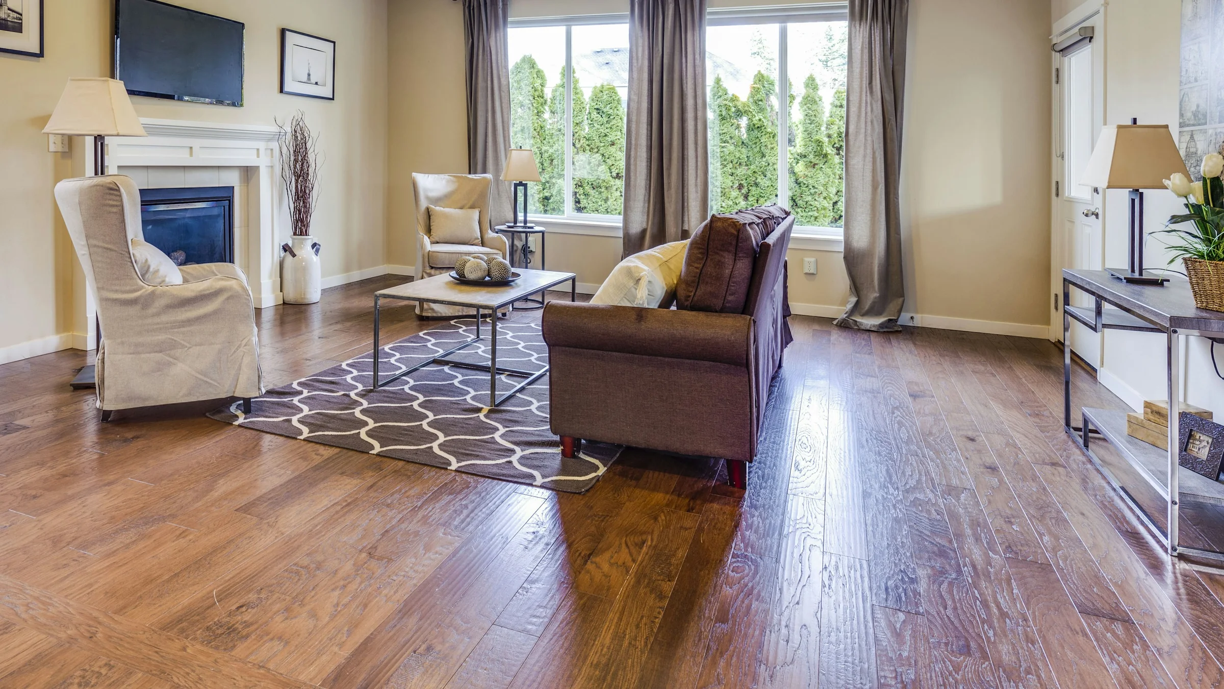 Bright living room with warm hardwood floors